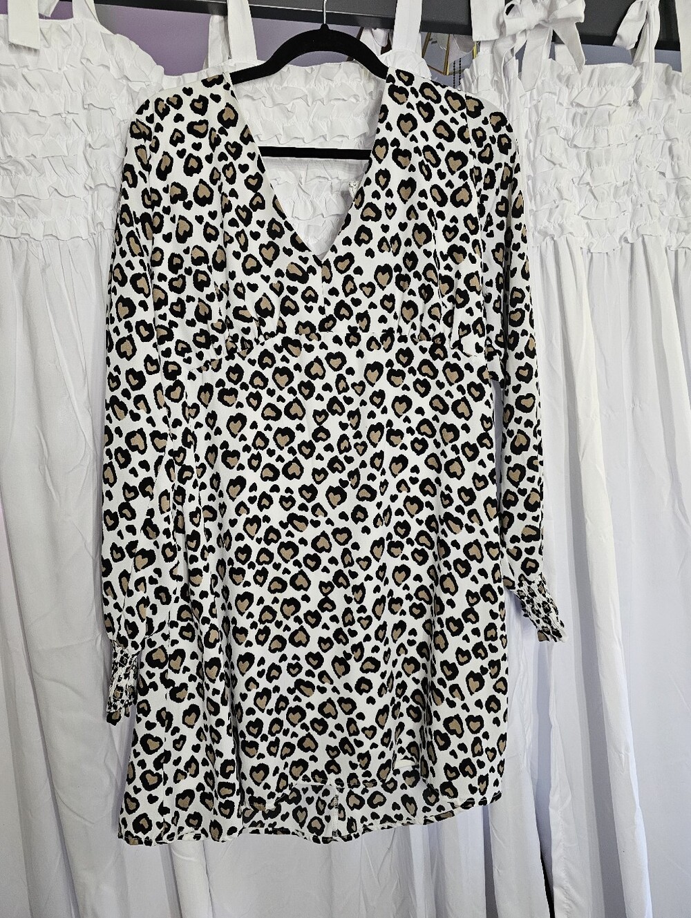 Blue Rain White Leopard Print V-Neck Dress with Tan and Black Spots